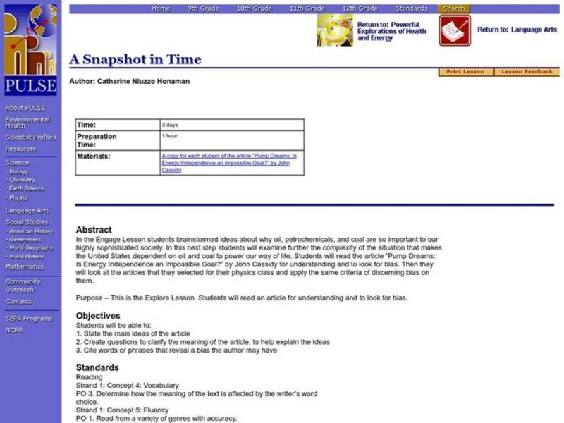 A Snapshot in Time Lesson Plan for 9th 12th Grade Lesson