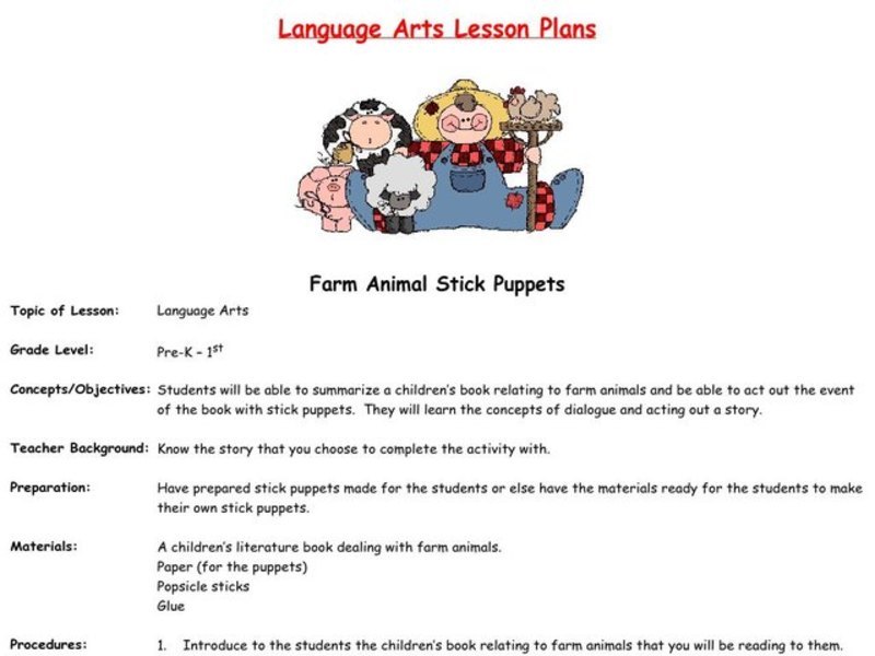 Farm Animal Stick Puppets Lesson Plan for Kindergarten 1st Grade