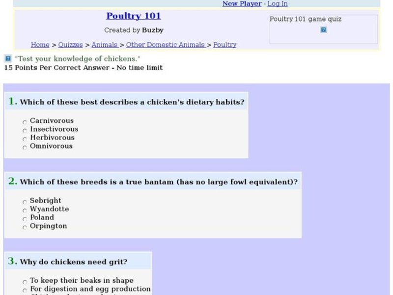 Poultry 101 Trivia Quiz Interactive for 6th 9th Grade Lesson