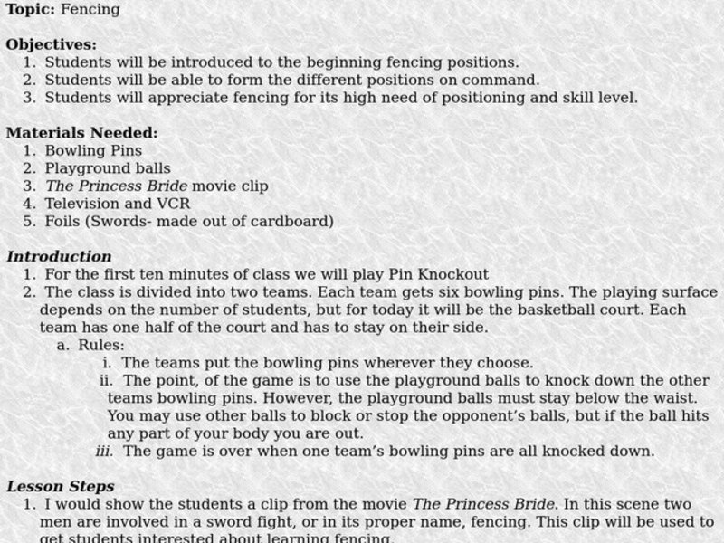 Fencing Lesson Plan for 6th 9th Grade Lesson