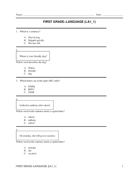 First Grade Language Worksheet for 1st Grade | Lesson Planet