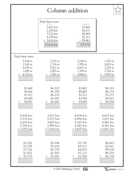 column addition 4 digit numbers worksheet for 4th 5th