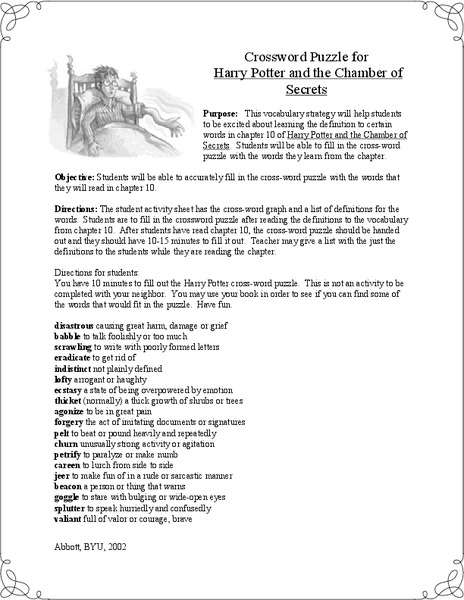 Crossword Puzzle for Harry Potter and the Chamber of Insider secrets photo regarding Harry Potter Crossword Puzzle Printable named Crossword Puzzle for Harry Potter and the Chamber of Insider secrets