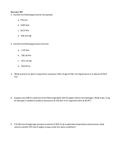 Gas Laws Worksheet for 11th - Higher Ed | Lesson Planet