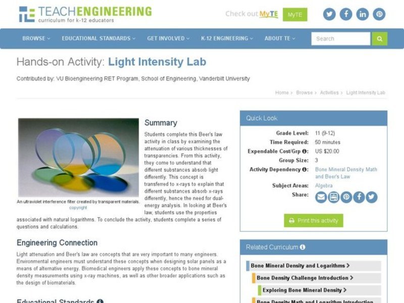 Light Intensity Lab Activity for 9th 12th Grade Lesson