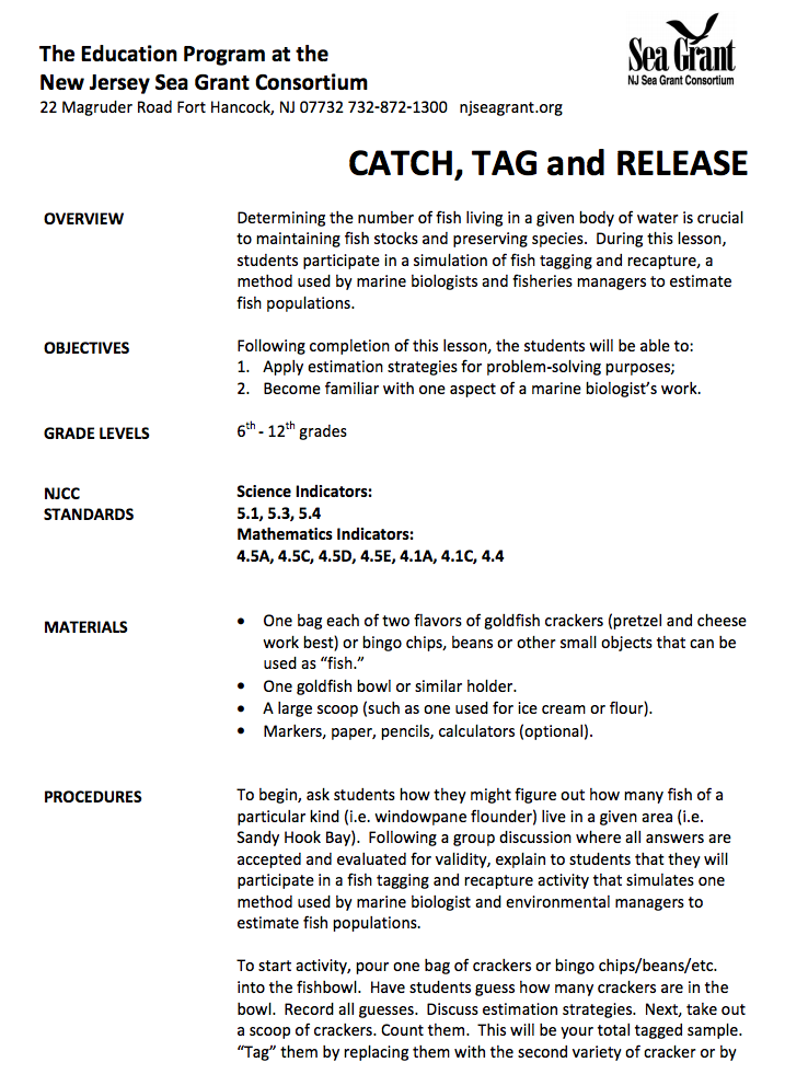 Catch, Tag, and Release Lesson Plan for 6th 12th Grade Lesson