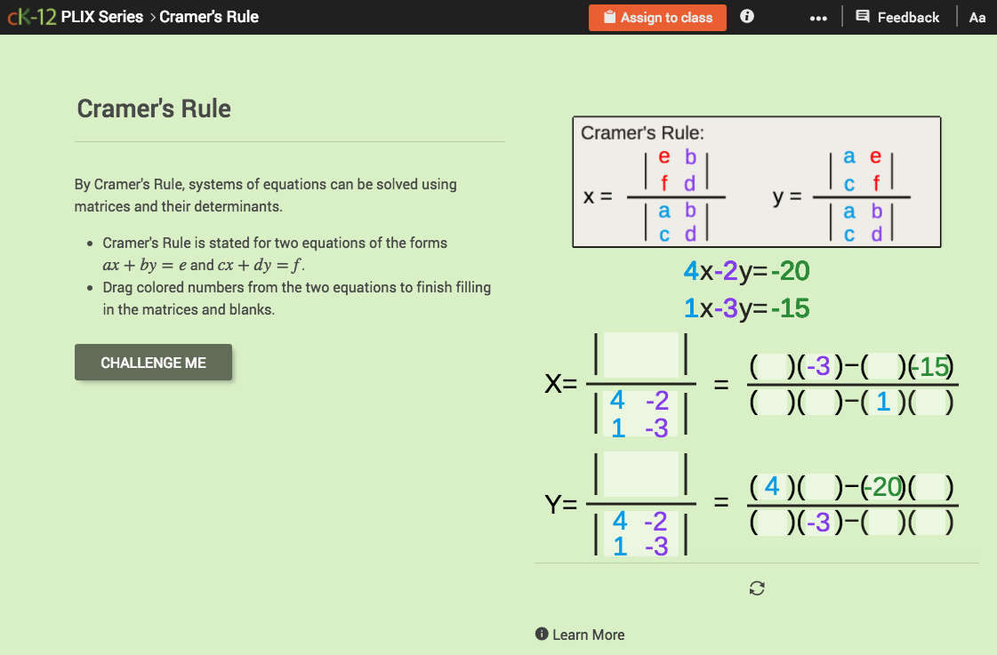 Cramer's Rule Interactive for 10th 12th Grade Lesson