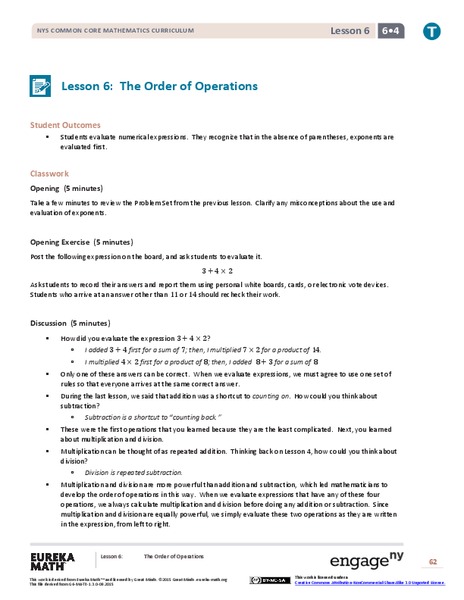 The Order of Operations Lesson Plan for 6th Grade | Lesson Planet