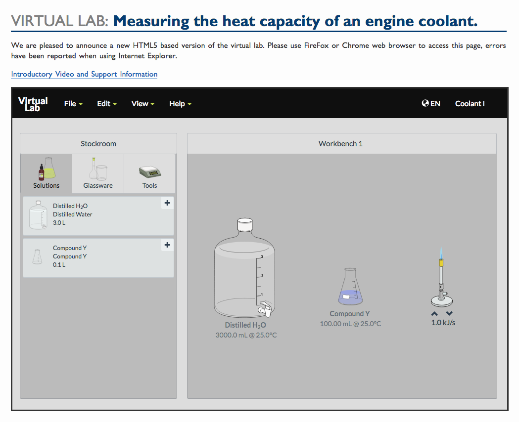 Virtual Lab Measuring the Heat Capacity of an Engine Coolant