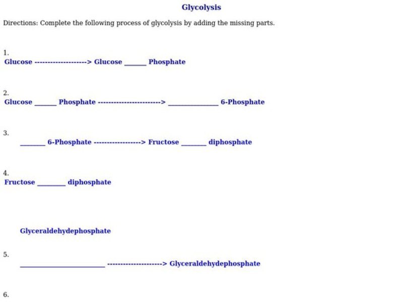 Glycolysis Worksheet for 9th - 10th Grade | Lesson Planet
