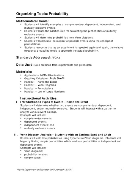 Organizing Topic: Probability Lesson Plan for 10th - 12th Grade ...