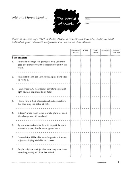 what do i know about the world of work worksheet for 9th 11th grade