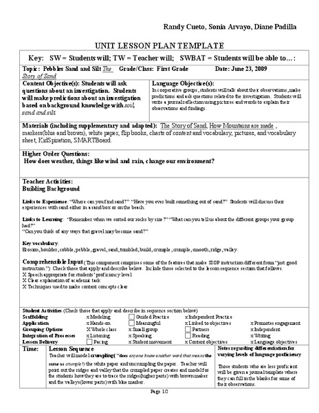 Unit Lesson Plan Template Lesson Plan for 1st Grade | Lesson Planet