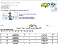 Greater Than, Less Than, and Equal To Worksheet