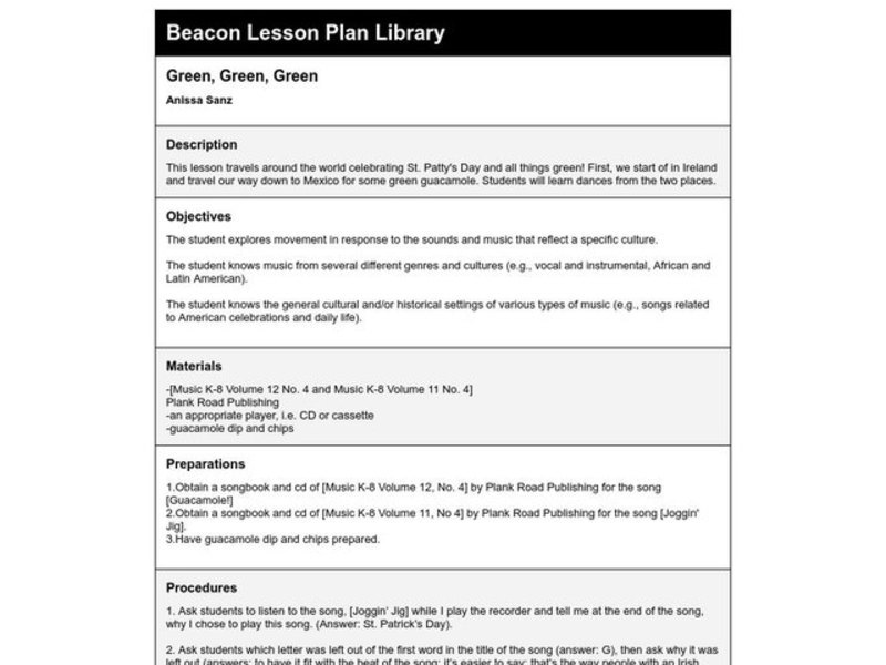 Green, Green, Green Lesson Plan for 1st Grade Lesson