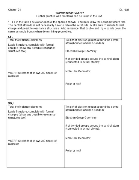 Worksheet On VSEPR Worksheet For 10th Higher Ed Lesson