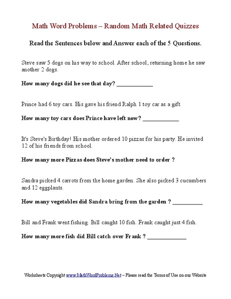 Math Word Problems: Simple Addition and Subtraction Worksheet for 1st ...