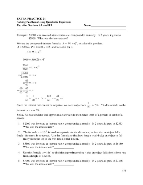 Using Quadratic Equations Worksheet for 9th Grade | Lesson Planet