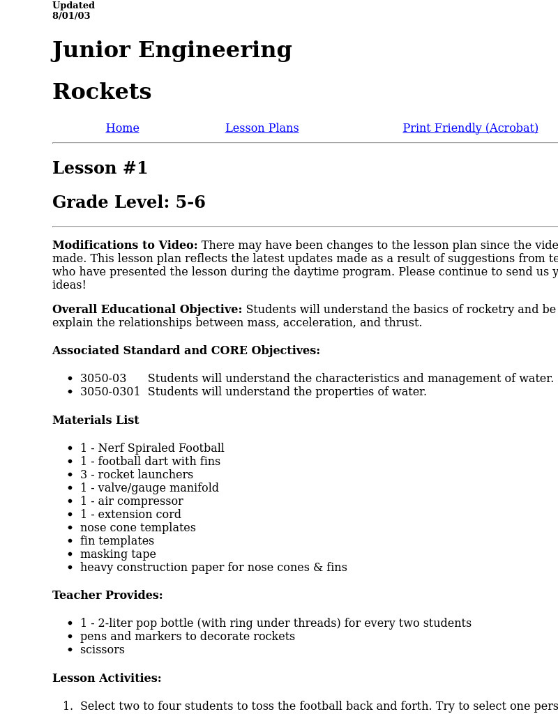 Rockets Lesson Plan for 5th 6th Grade Lesson