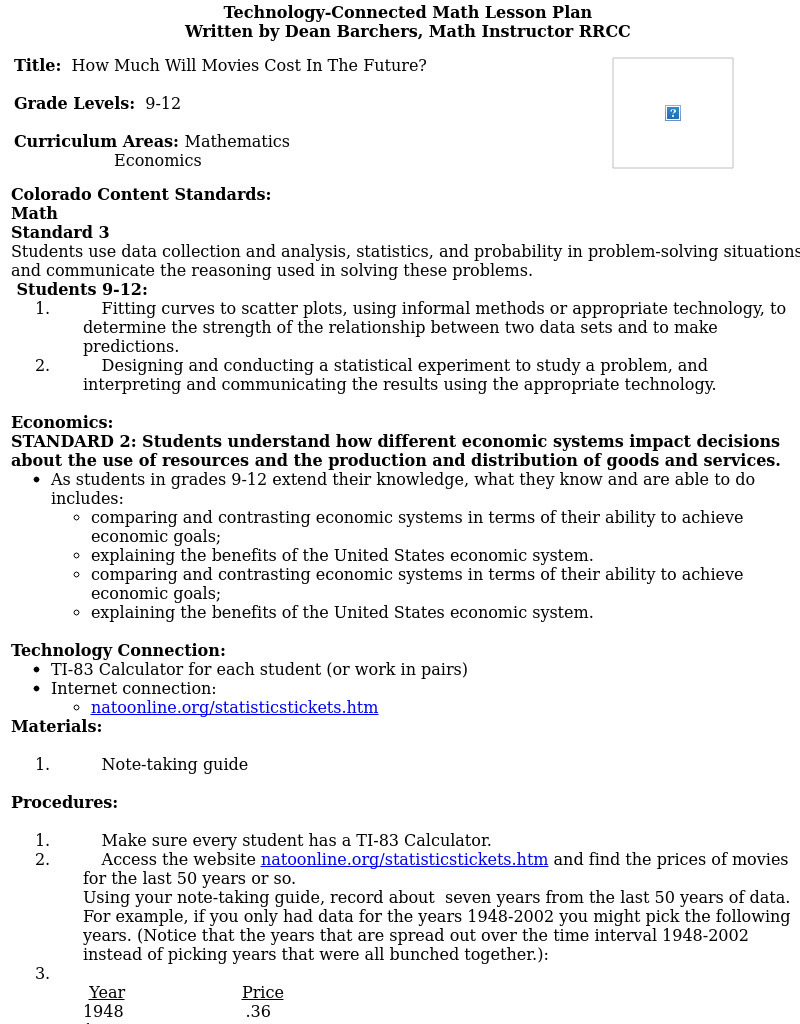 How Much Will Movies Cost In The Future? Lesson Plan for 9th 12th