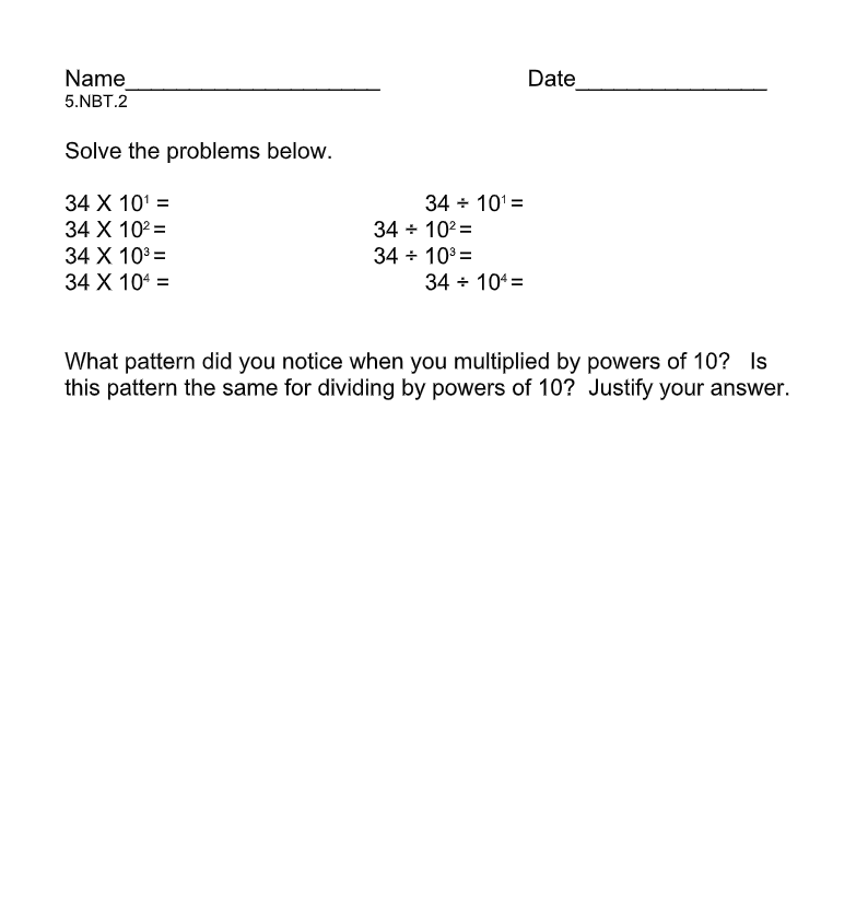 writing task 5nbt2 multiply and divide by powers of 10 worksheet for