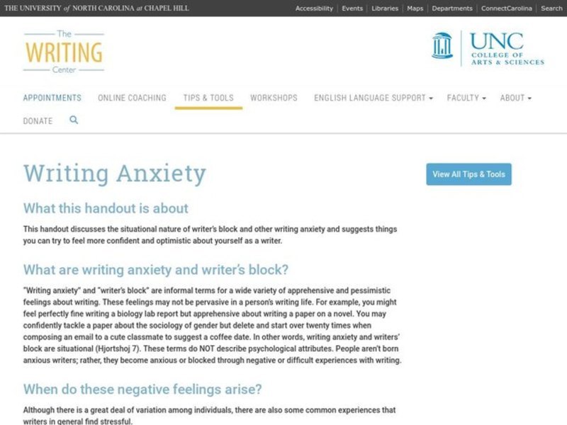 Writing Anxiety site for 9th Higher Ed Lesson
