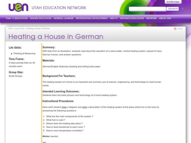 Heating a House in German Lesson Plan for 10th 12th Grade Lesson