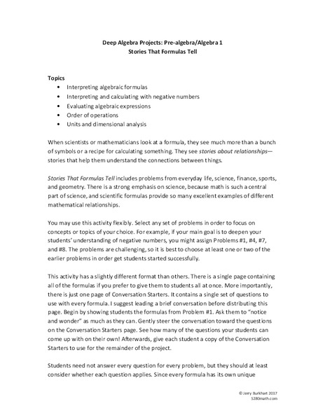 Stories That Formulas Tell Activity for 8th - 10th Grade | Lesson Planet