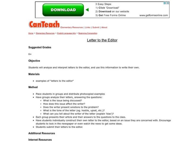 Letter to the Editor Lesson Plan for 6th - 12th Grade | Lesson Planet