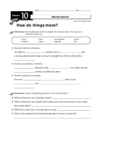 How Do Things Move? Worksheet for 8th - 12th Grade | Lesson Planet