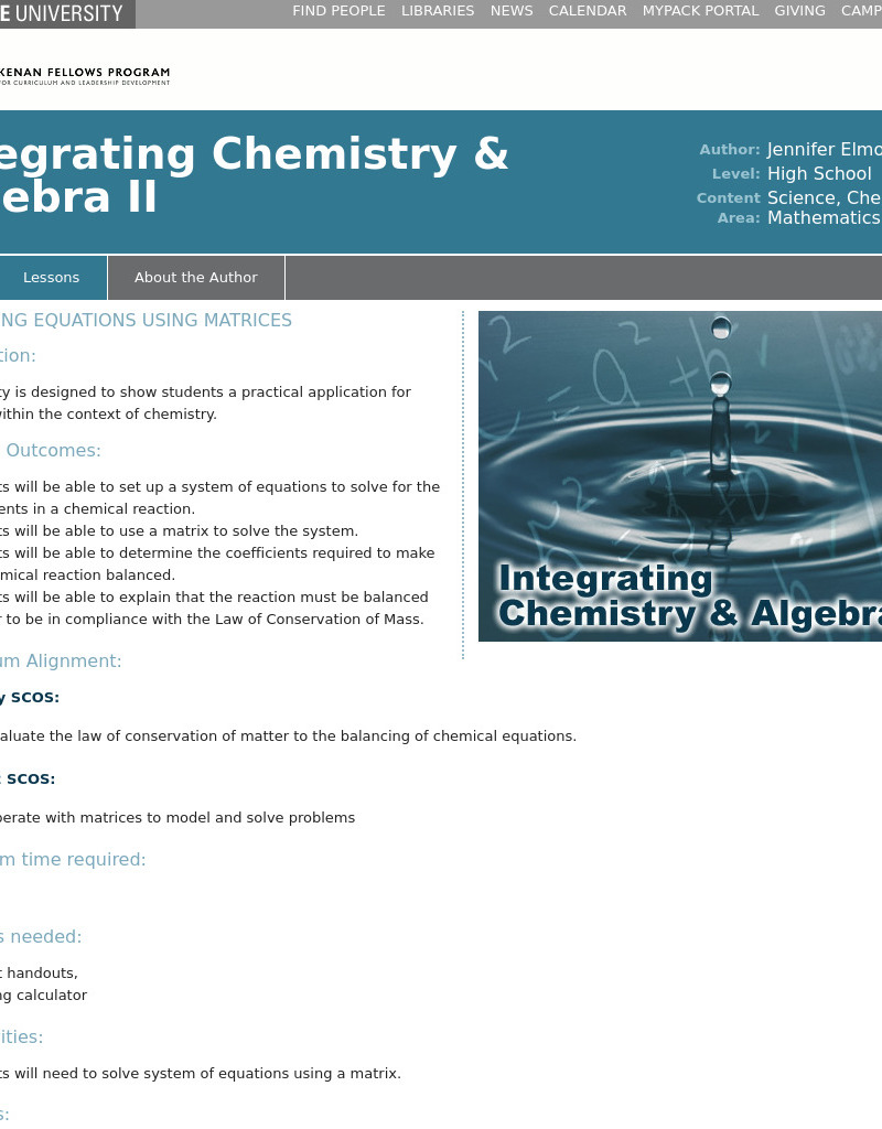 Balancing Equations Using Matrices Lesson Plan for 9th 12th Grade