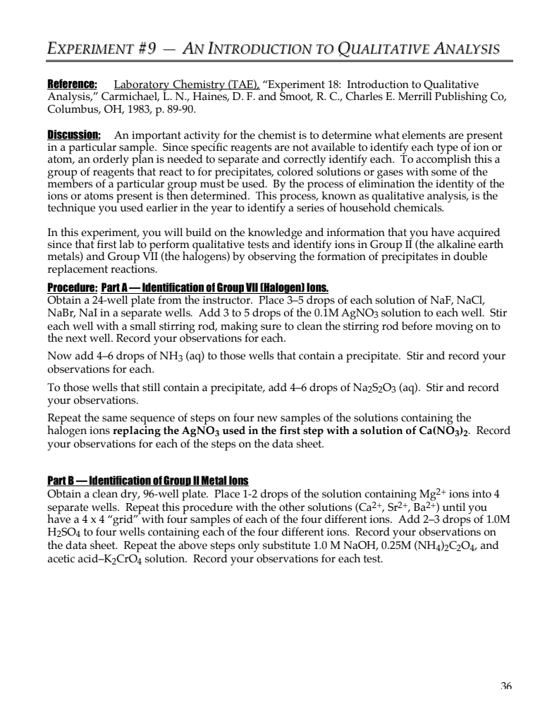 An Introduction to Qualitative Analysis Lab Resource for 9th 12th