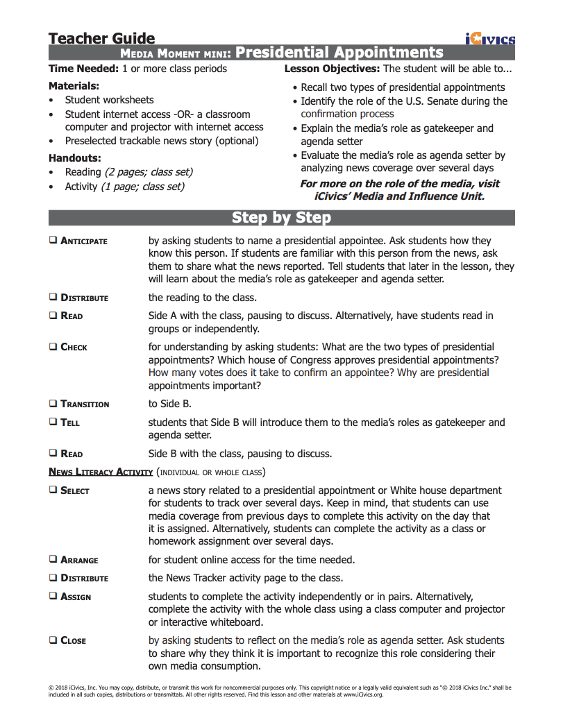 MiniLesson Presidential Appointments Lesson Plan for 9th 12th Grade