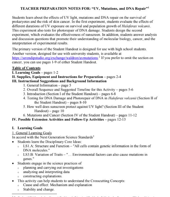 UV, Mutations, and DNA Repair Lesson Plan for 9th 12th Grade Lesson