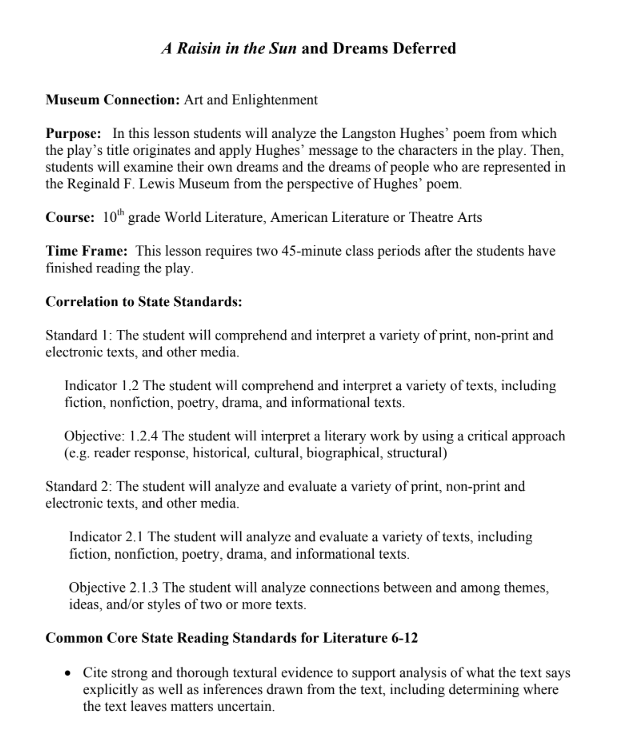 A Raisin in the Sun and Dreams Deferred Lesson Plan for 10th Grade Lesson