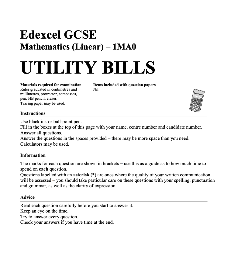 Utility Bills Assessment for 5th 7th Grade Lesson
