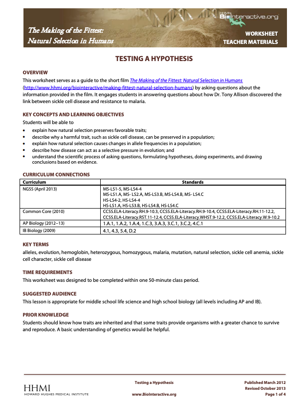 Testing a Hypothesis Activity for 9th 12th Grade Lesson