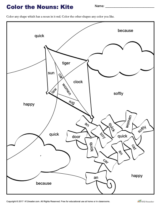 Color the Nouns Kite Worksheet for Kindergarten 2nd Grade Lesson