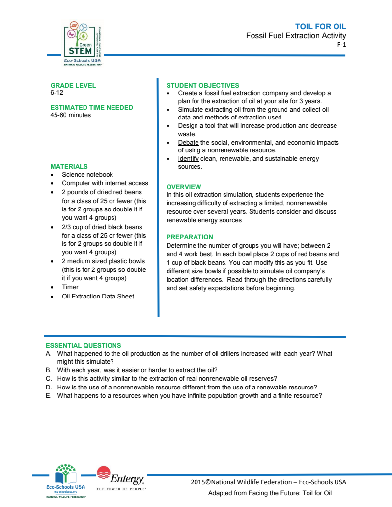 Fossil Fuel Extraction Activity Lesson Plan for 6th 12th Grade