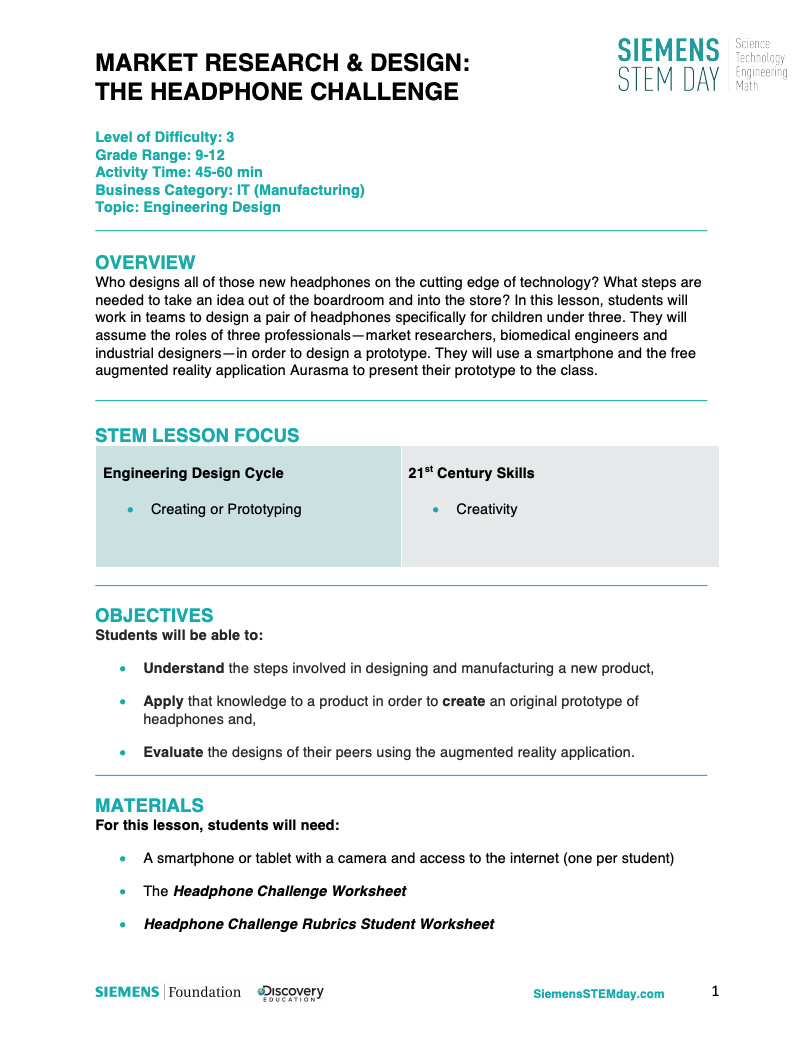 Market Research and Design The Headphone Challenge Activity for 9th