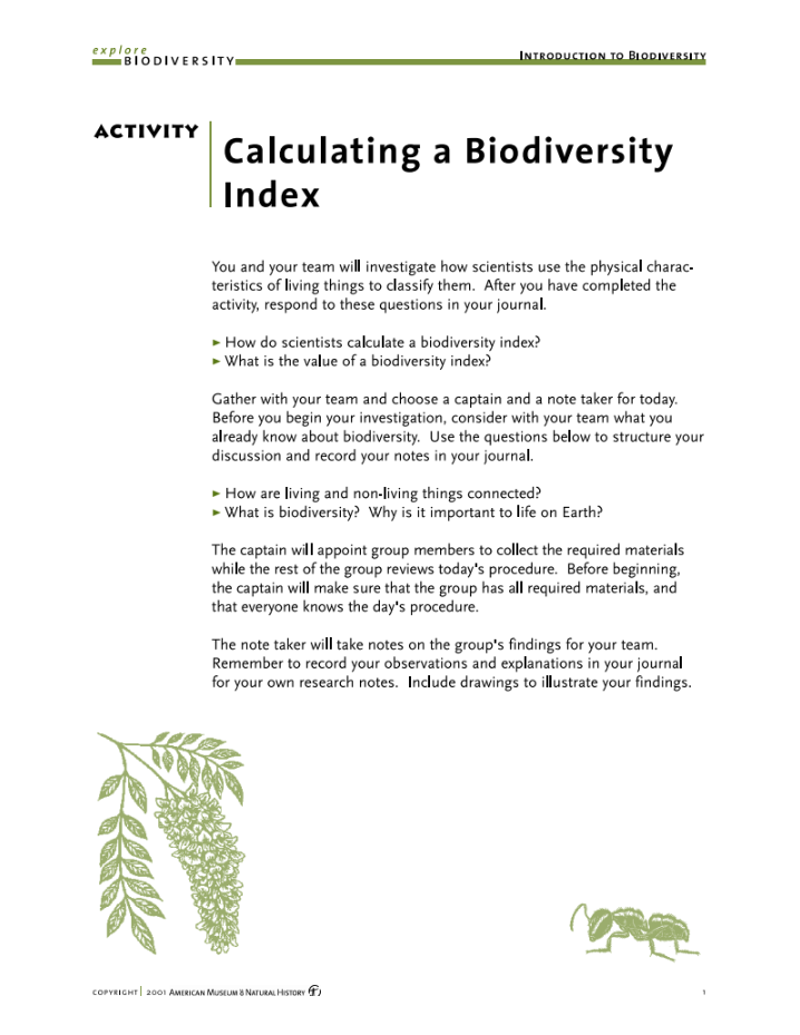 Calculating a Biodiversity Index Activity for 7th 12th Grade Lesson