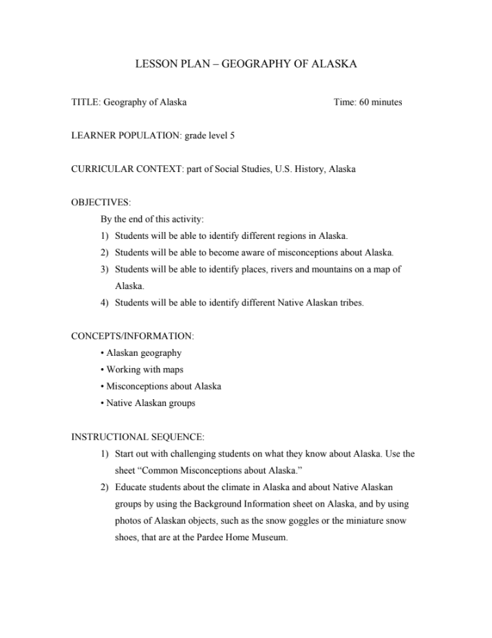 Geography of Alaska Unit Plan for 5th Grade Lesson