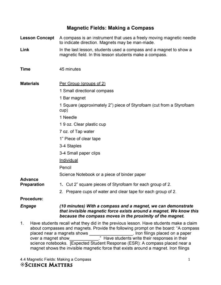 Fields Making a Compass Lesson Plan for 4th Grade Lesson
