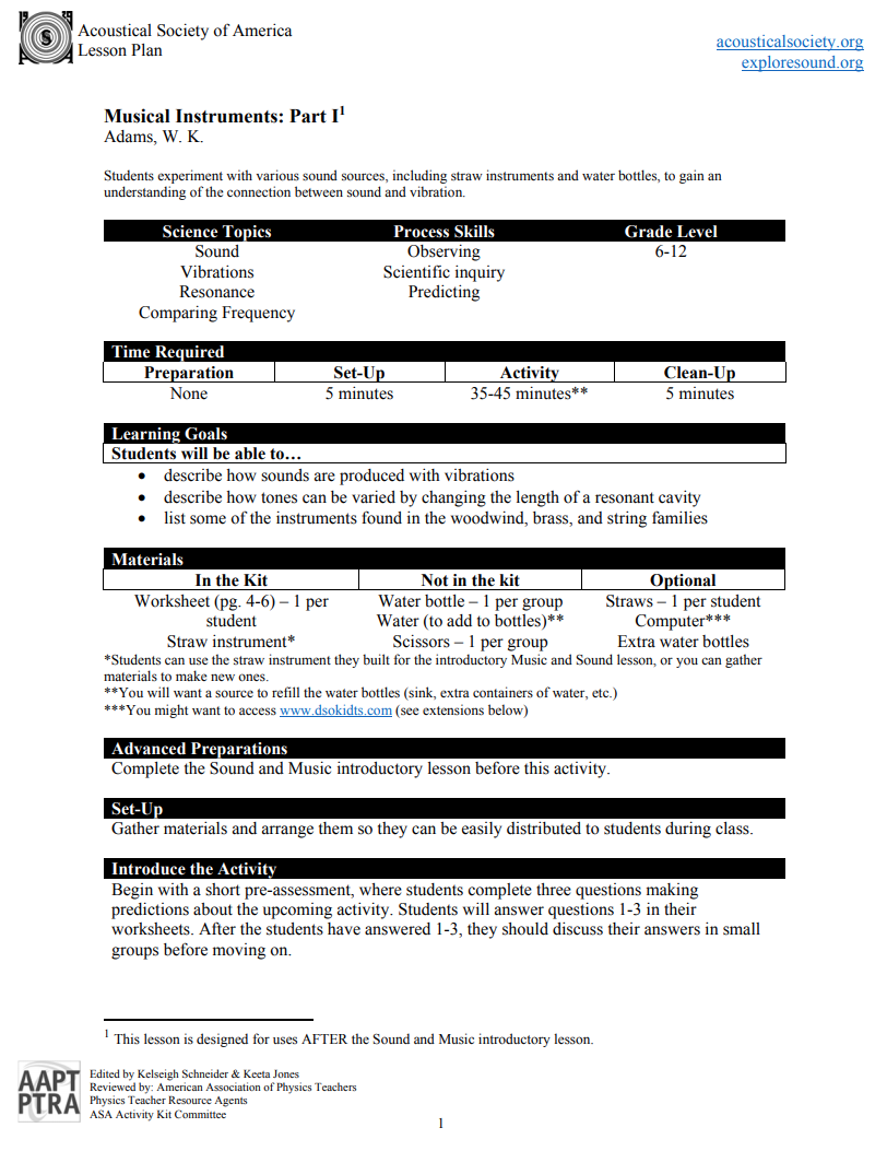 Musical Instruments Part I Lesson Plan for 6th 12th Grade Lesson