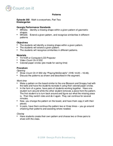 Identifying Patterns Lesson Plan for Kindergarten - 1st Grade | Lesson ...