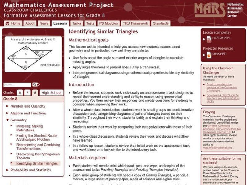 Identifying Similar Triangles Lesson Plan for 7th 9th Grade Lesson