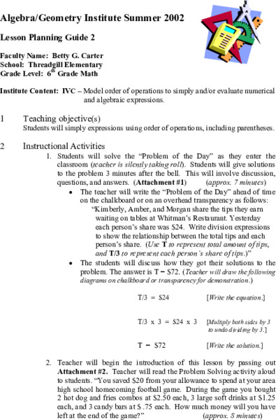 Order of Operations Lesson Plan for 6th Grade | Lesson Planet
