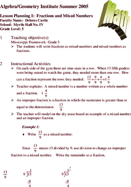 Fractions and Mixed Numbers Lesson Plan for 5th Grade | Lesson Planet