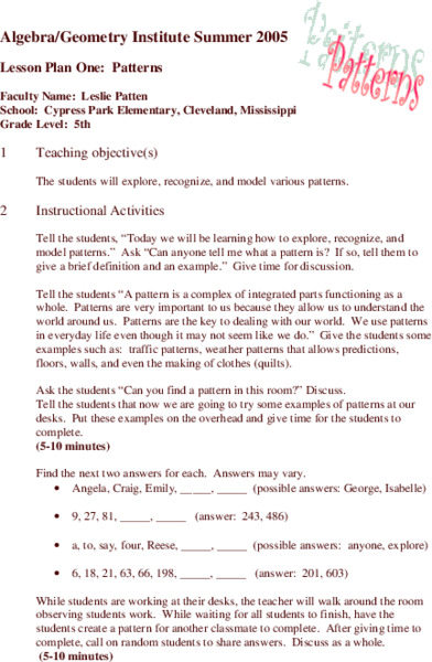 Patterns Lesson Plan for 5th Grade | Lesson Planet