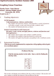 Graphing Linear Functions Lesson Plan for 7th Grade | Lesson Planet